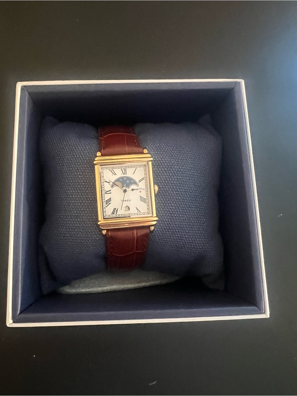 NOAH x Timex Gold-Tone Moonphase Rectangular Watch with Brown Leather Strap